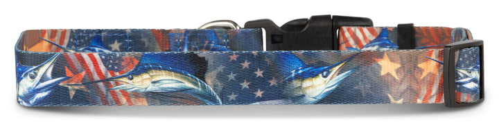 American flag dog collar USA red white blue — billfish marlin D. Friel Salty Paws