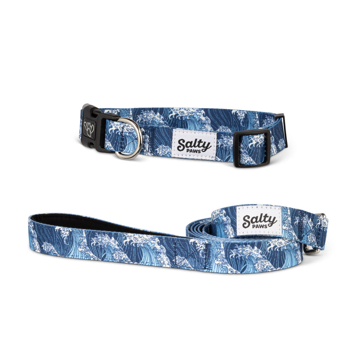 Salty Paws Blue Wave matching dog collar and leash set — unique surf art bundle