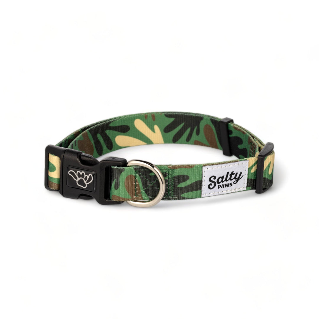 Salty Paws Green Camo dog collar — adventure boy dog camo collar, eco recycled