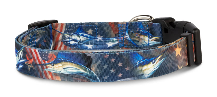 American flag dog collar billfish sailfish marlin — D. Friel Salty Paws fishing