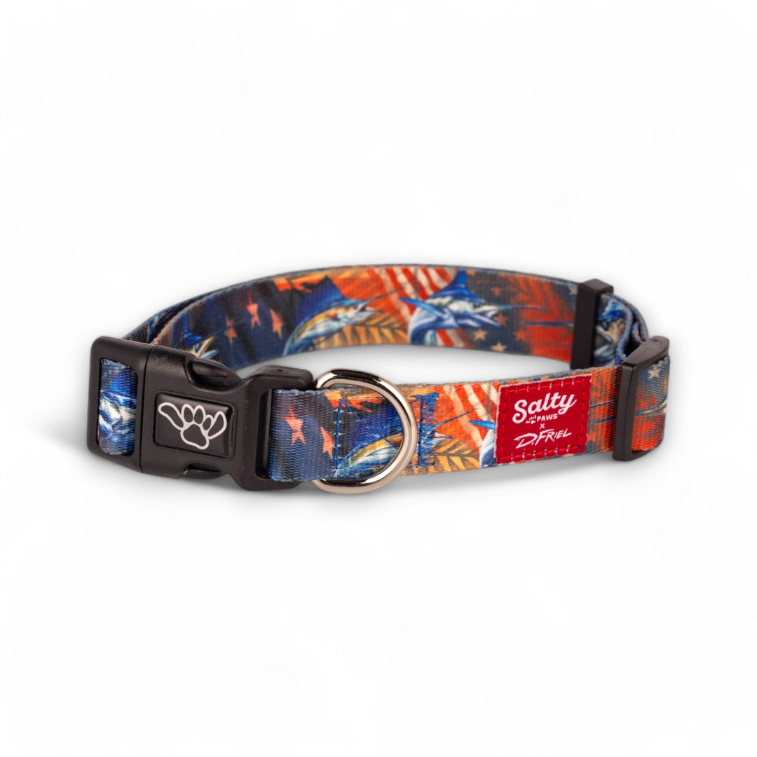 Salty Paws Billfish D. Friel dog collar — Americana USA sailfish, red white blue print