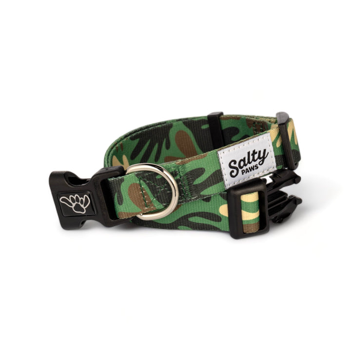 Army Green Camo Salty Paws dog collar — durable adventure boy dog collar