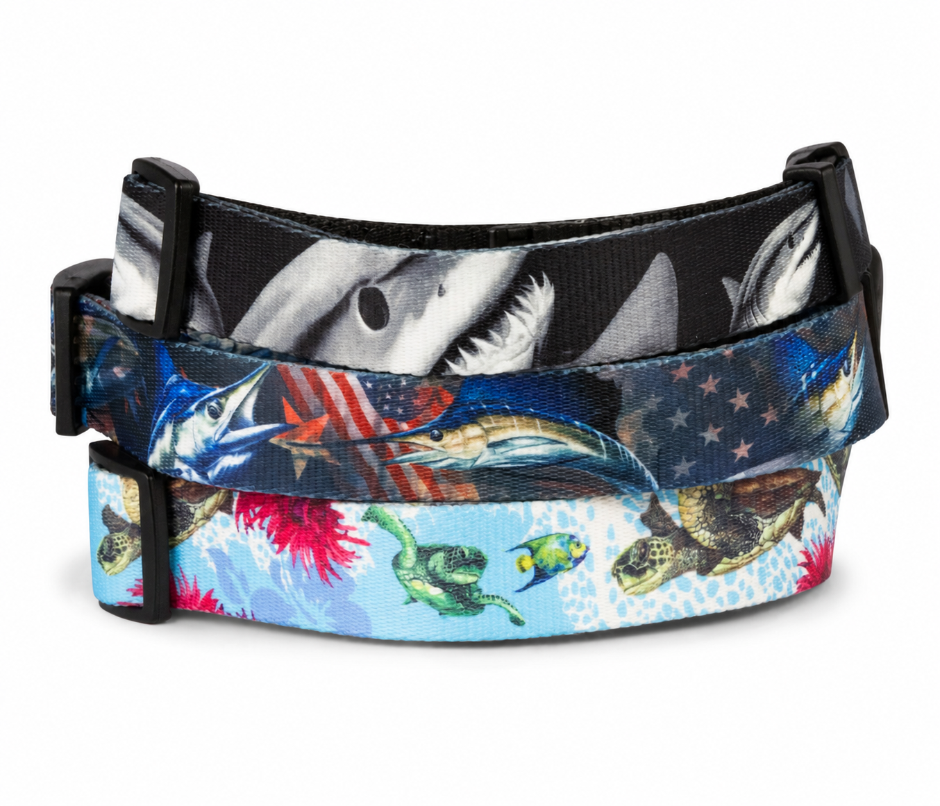 Salty Paws D. Friel fish collar collection stacked — Mahi, Mako, Sea Turtle, Sailfish artist series