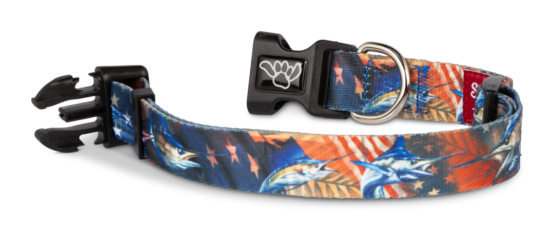 Salty Paws D. Friel American flag billfish — sailfish fishing dog collar