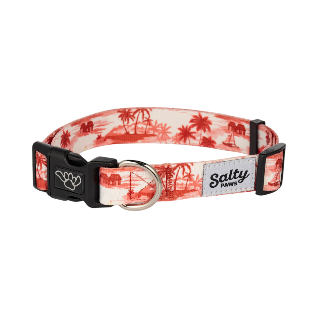 Salty Paws Red Aloha dog collar — Hawaiian aloha print, bold boy dog style