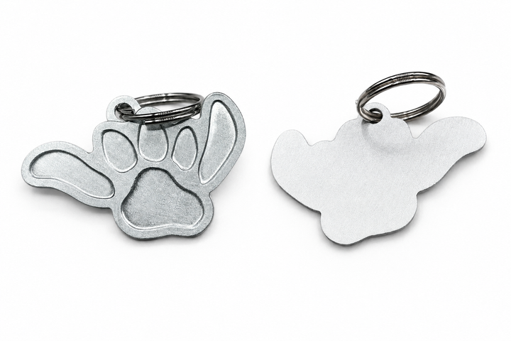 Salty Paws Shaka Paw engravable dog ID tag — aluminum anti-loss tag front and back