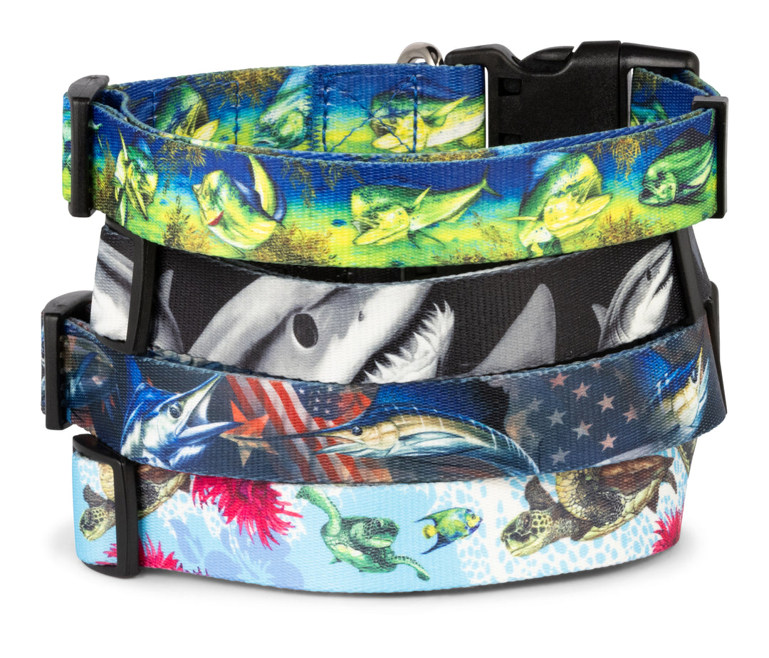 Stacked view of Salty Paws Mahi-Mahi dog collar — D. Friel fishing artist series
