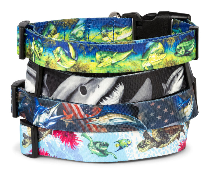 Stacked view of Salty Paws Mahi-Mahi dog collar — D. Friel fishing artist series
