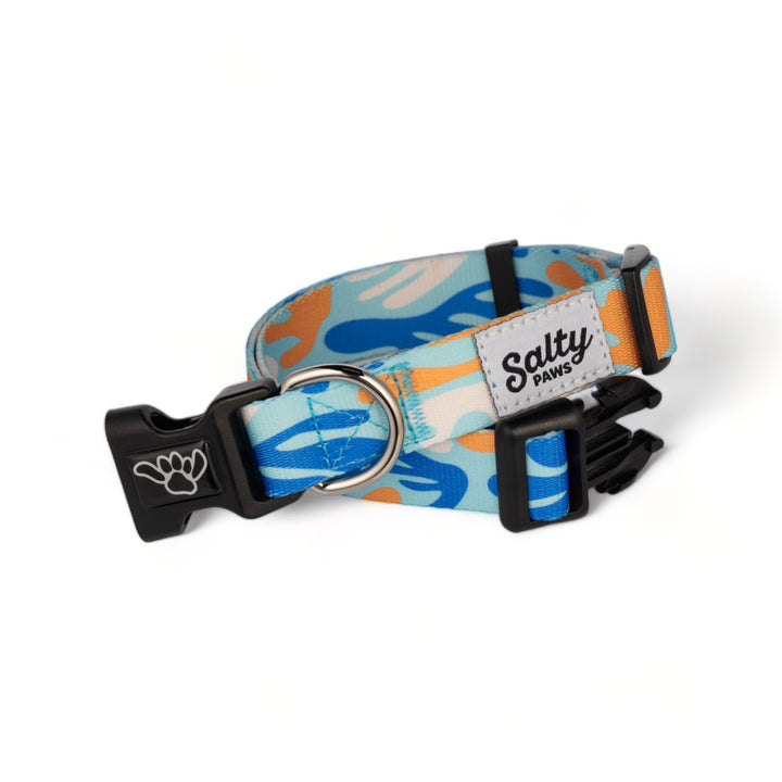Coral Camo Salty Paws dog collar alt angle — unique camo coastal boy dog collar