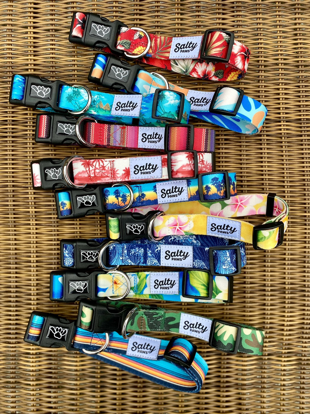 Unique designer dog collar collection — Hawaiian, Aztec, boho, and fishing prints by Salty Paws