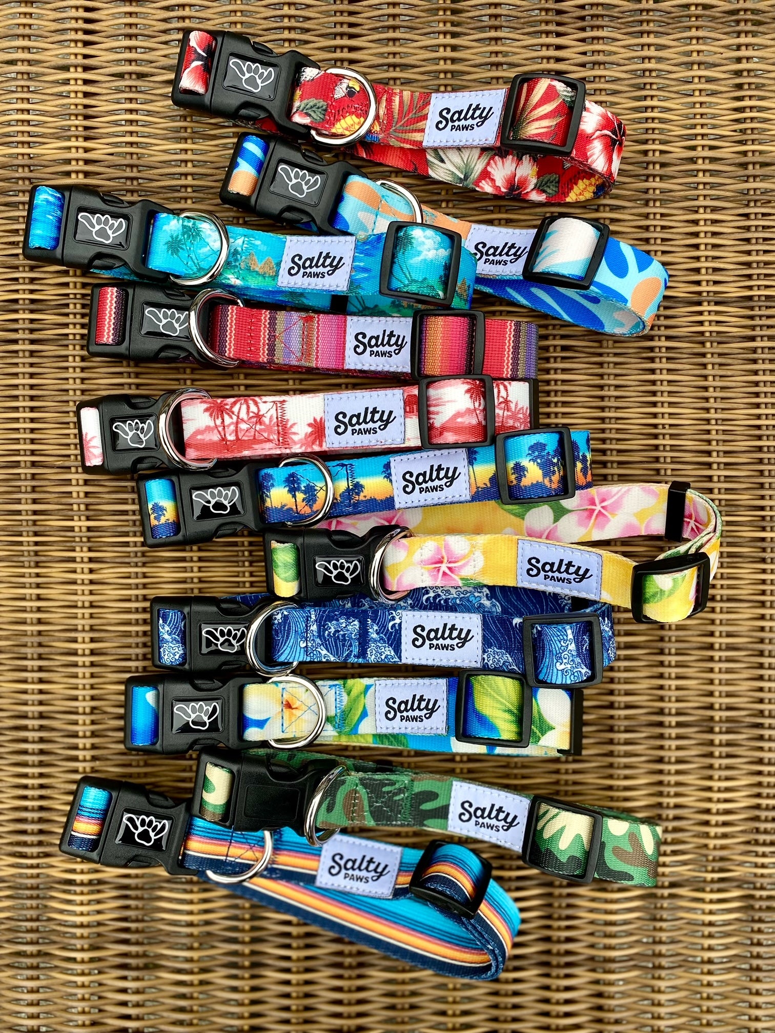 Unique designer dog collar collection — Hawaiian, Aztec, boho, and fishing prints by Salty Paws