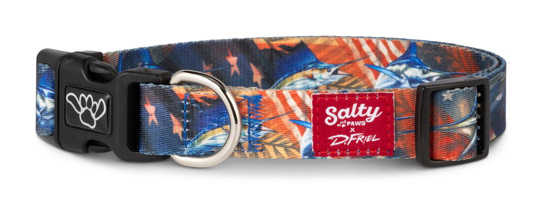 Salty Paws USA flag American billfish sailfish — D. Friel fishing dog collar