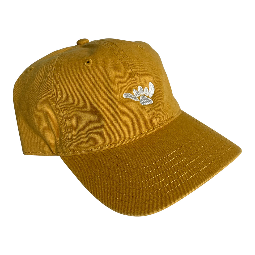 Salty Paws Shaka Paw dad hat angled view — surf and beach dog brand