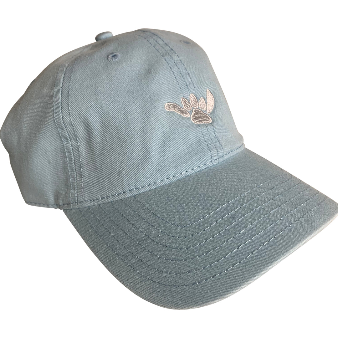 Salty Paws Shaka Paw dad hat side view — cotton hat with embroidered surf dog logo