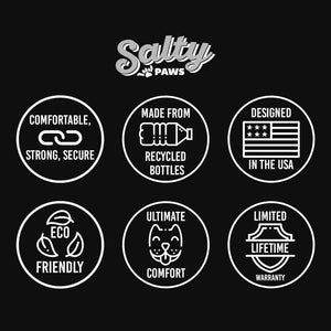 salty paws dog collar black and white paw print logo trust badges comfortable strong secure made from recycled bottles designed in the USA eco friendly fabric ultimate comfort for your dog limited lifetime warranty