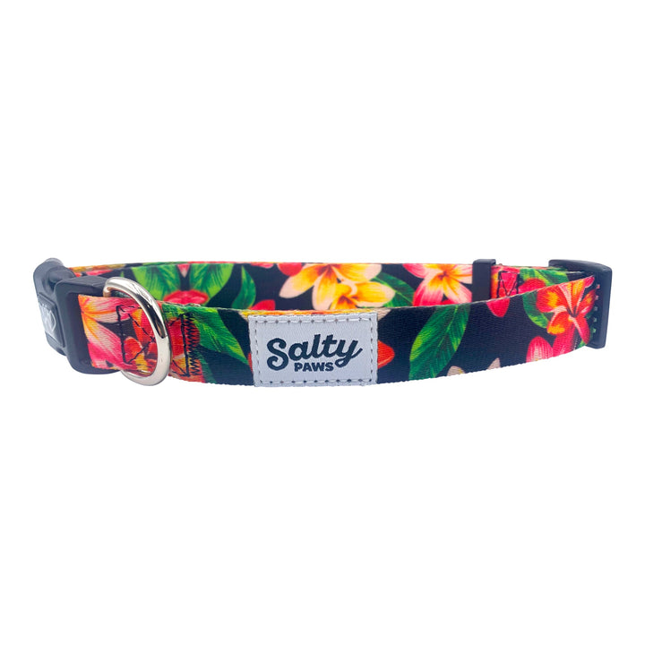 Salty Paws Black Floral Hawaiian boy dog collar — bold tropical print, eco recycled