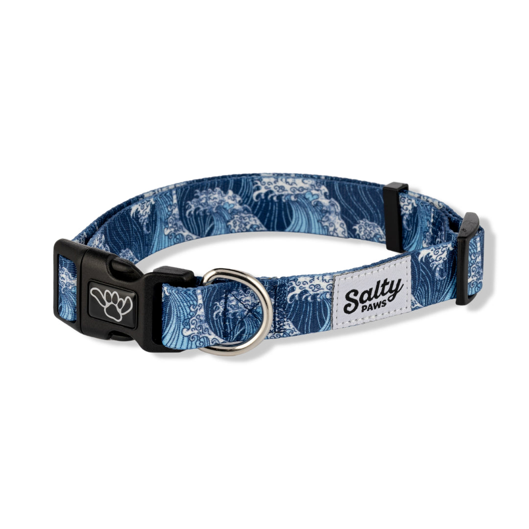 Salty Paws Blue Wave of Kanagawa dog collar — unique surf art print for boy dogs