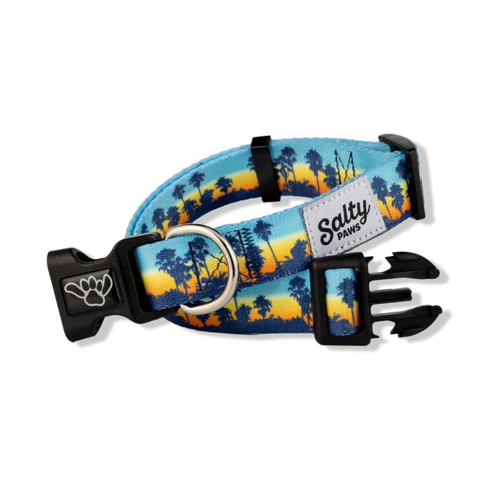 California Sunset palm dog collar — blue orange Salty Paws unique boy dog print